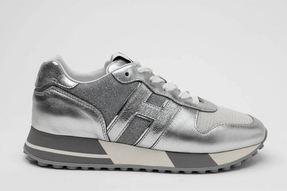 NEW HOGAN women's h383 leather sneakers in white/silver